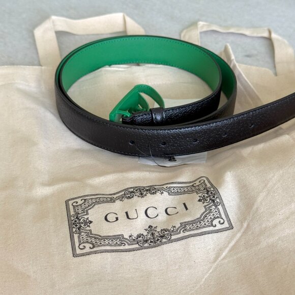 Gucci 709974 Unisex Black Leather Belt with Ceramic Green G Buckle, 100 or 105 - Picture 9 of 15